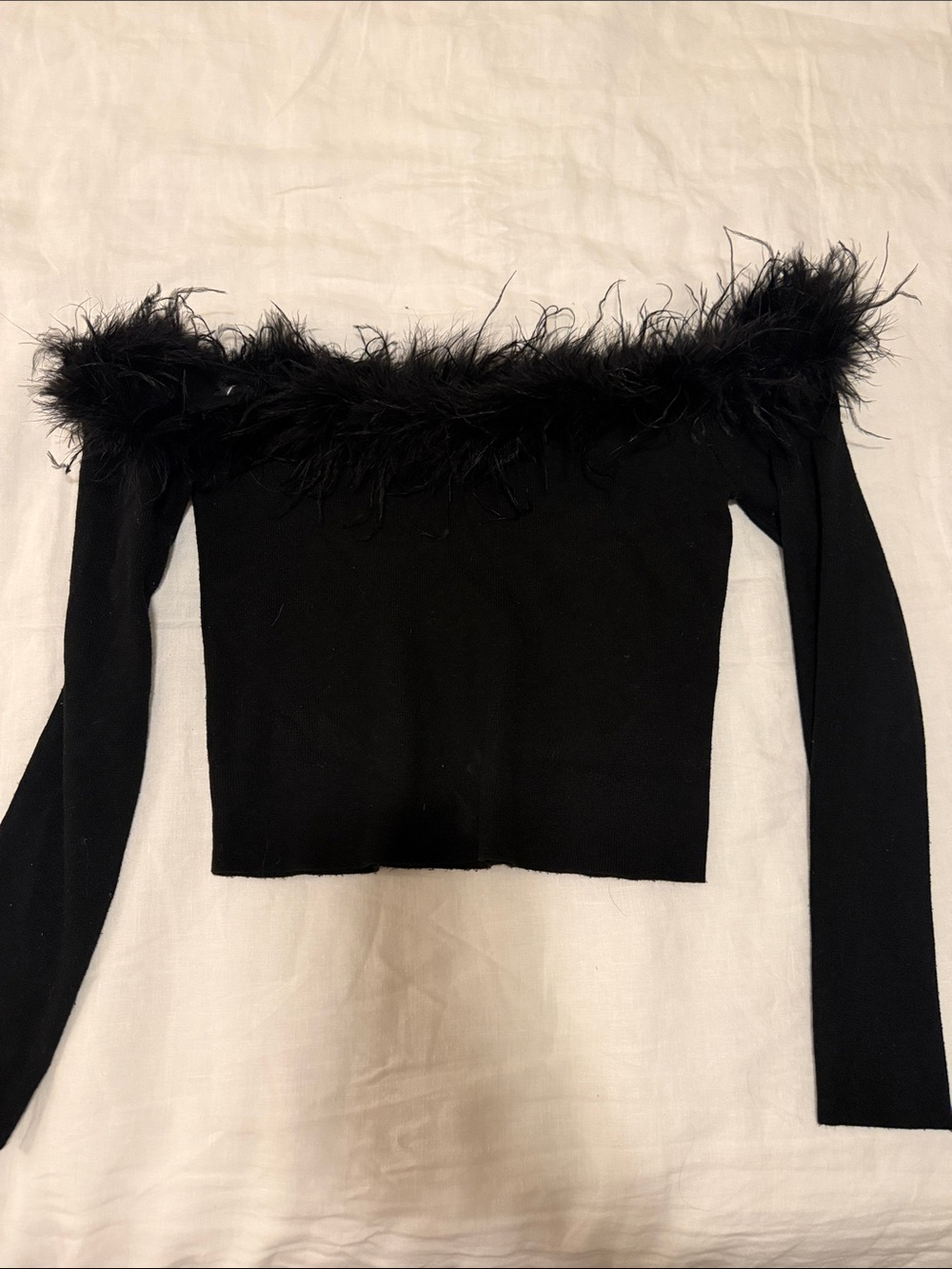 Better Be Black Off-Shoulder Feather Trim Long Sleeve Crop Top